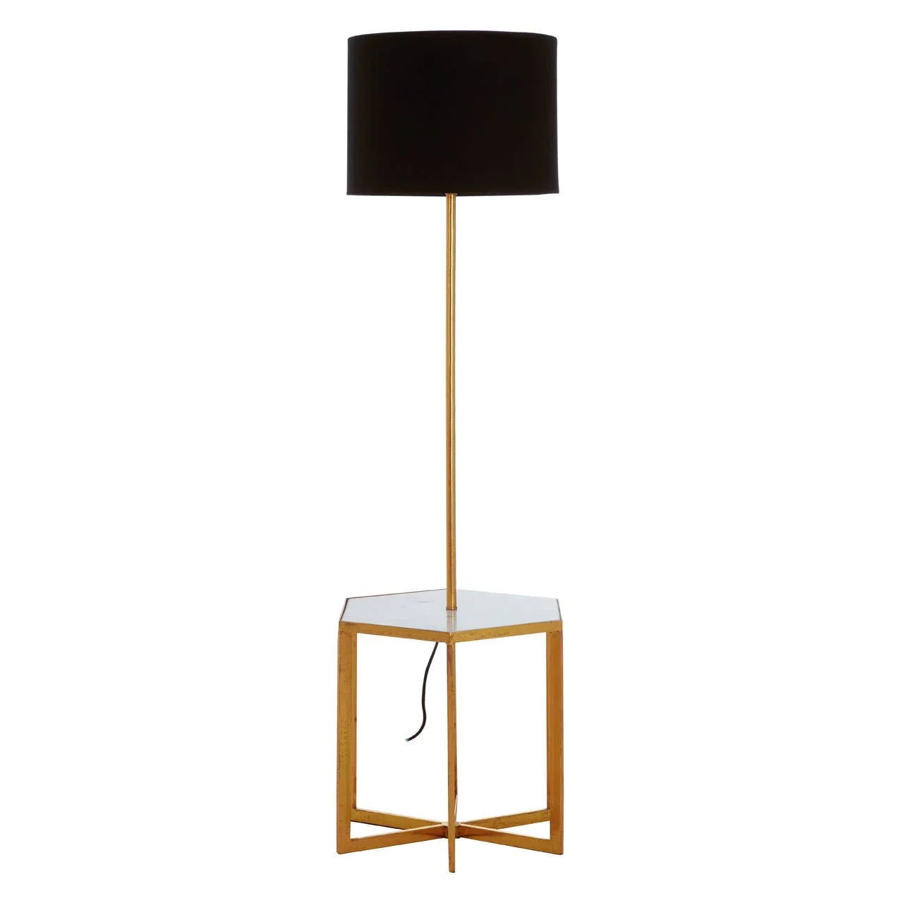 Floor lamp with black drum shade and gold metal stand with white side table base
