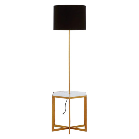 Floor lamp with black drum shade and gold metal stand with white side table base