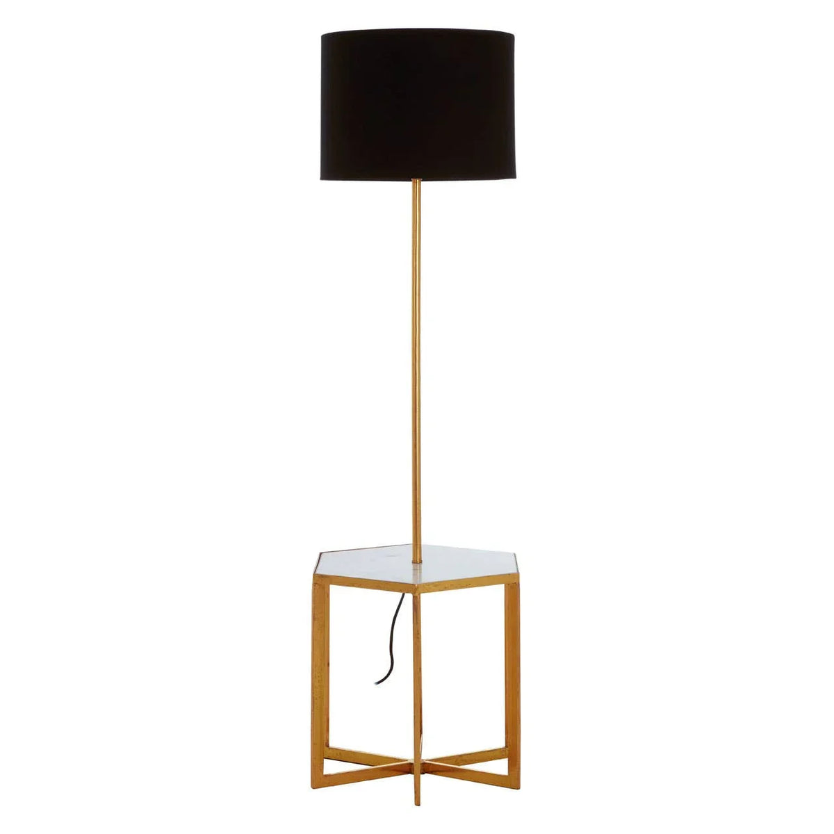 Floor lamp with black drum shade and gold metal stand with white side table base