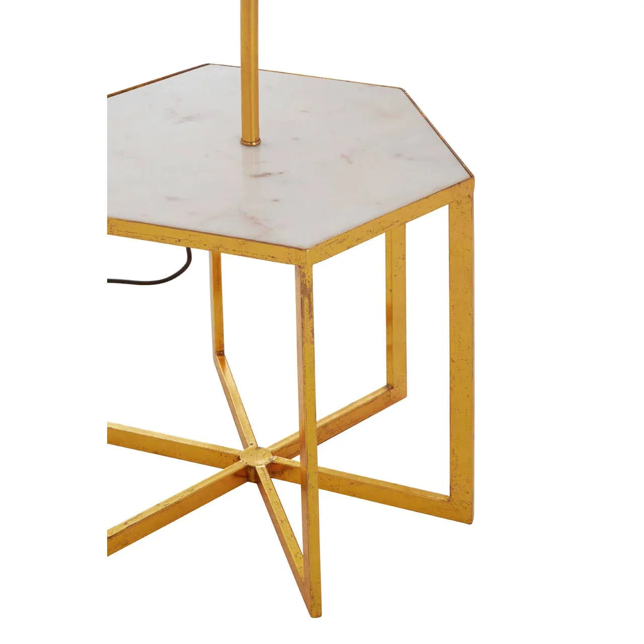 Hexagonal marble side table with gold metal frame and geometric cross base