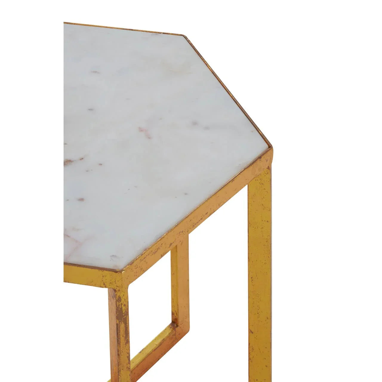 Hexagonal marble top side table with gold metal frame, close corner view