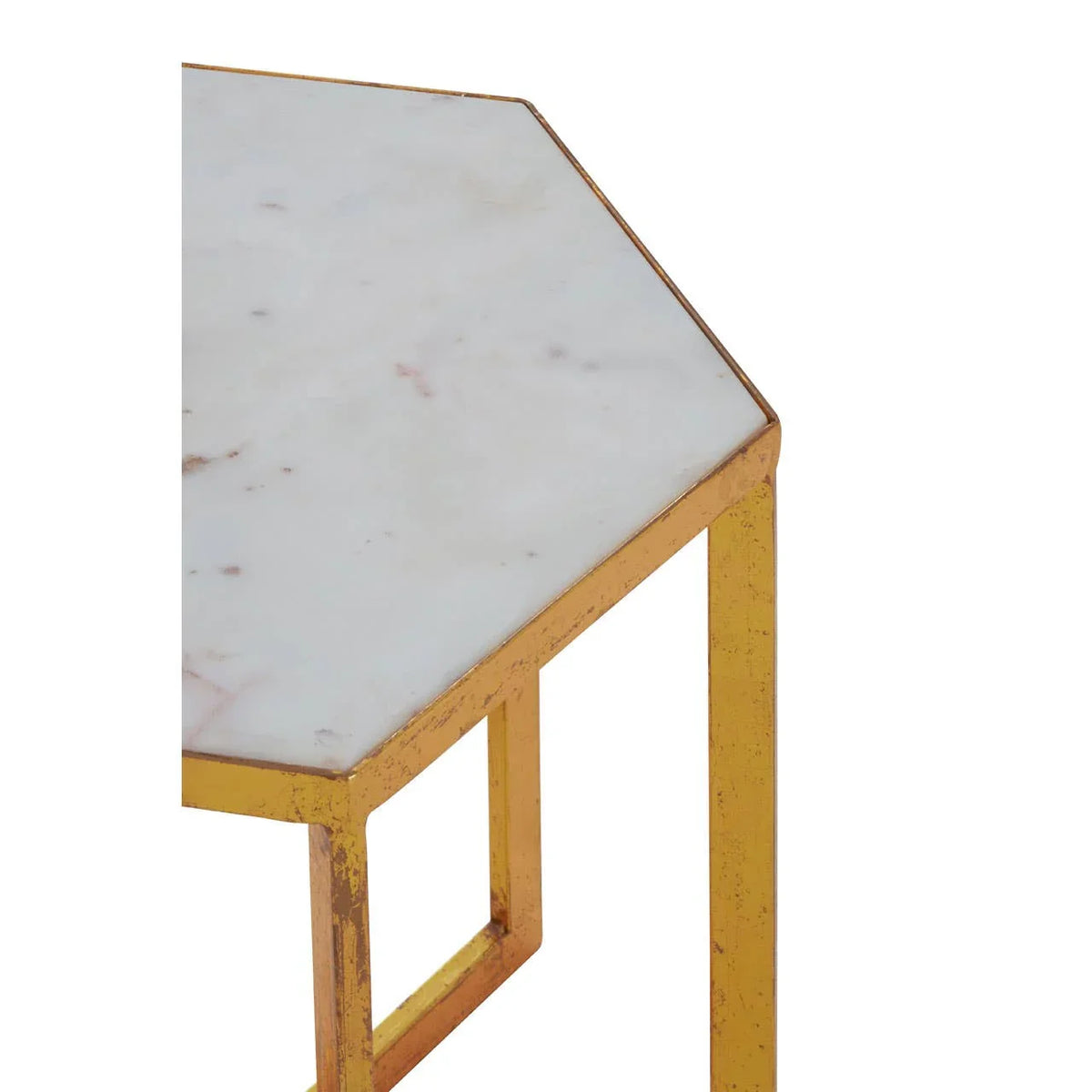 Hexagonal marble top side table with gold metal frame, close corner view