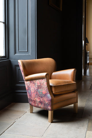 Dean Chair in Tan leather and Printed Coral Velvet Fabric