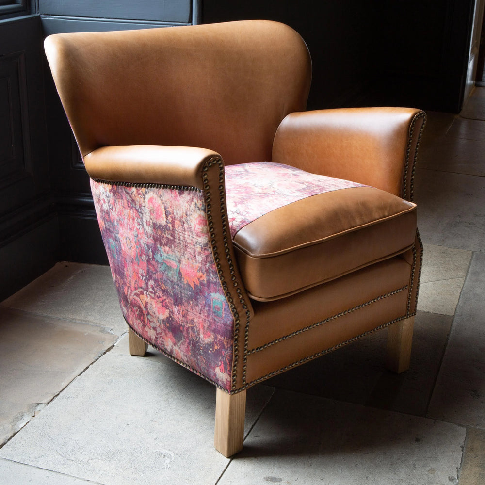 Dean Chair in Tan leather and Printed Coral Velvet Fabric