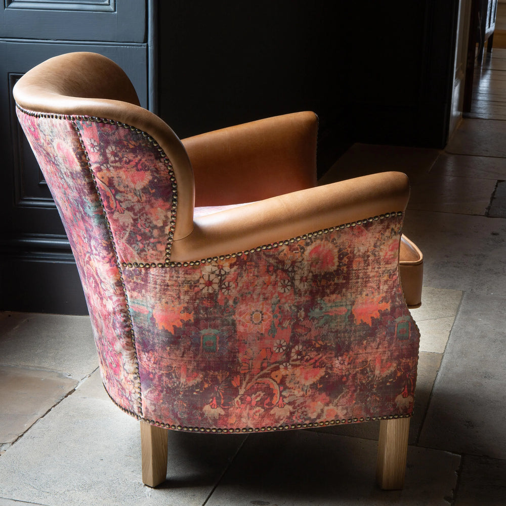 Dean Chair in Tan leather and Printed Coral Velvet Fabric