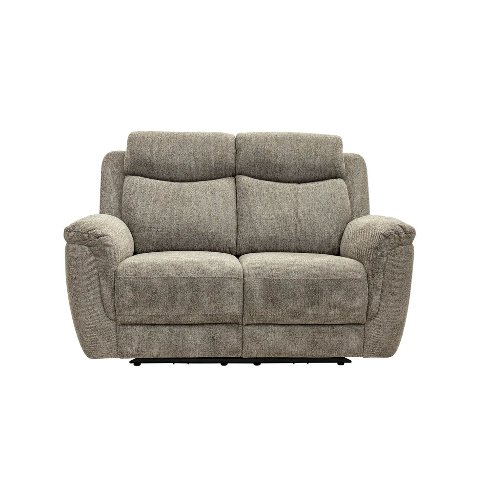 A two-seater upholstered loveseat in a textured light gray fabric, shown from the front against a plain white background.