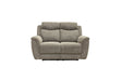 A two-seater upholstered loveseat in a textured light gray fabric, shown from the front against a plain white background.