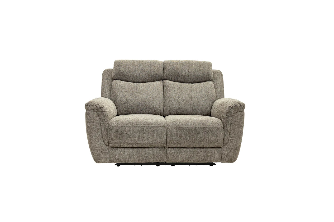 A two-seater upholstered loveseat in a textured light gray fabric, shown from the front against a plain white background.