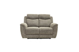 A two-seater upholstered loveseat in a textured light gray fabric, shown from the front against a plain white background.