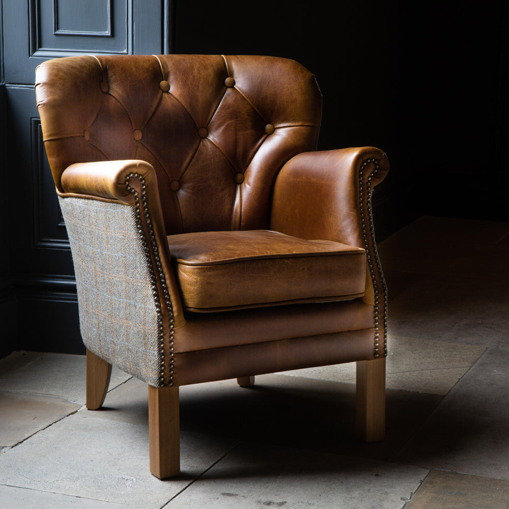 Buttoned Governor Chair in Tweed & Tan Leather