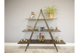 Bronze metal display shelves in an A-frame design with three horizontal tiers, shown front view in a room setting.