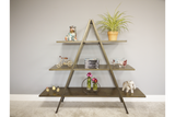 Bronze metal display shelves in an A-frame design with three horizontal tiers, shown front view in a room setting.