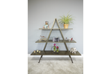 Three-tier metal display shelves in an A-frame design with decorative items, against a gray wall.