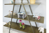 Triangular metal display shelves in bronze finish, shown angled with decorative items on three levels