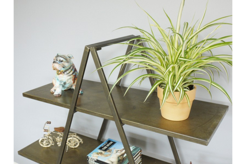 Two-tier metal display shelves in dark bronze finish, angled view with decorative items and potted plant.