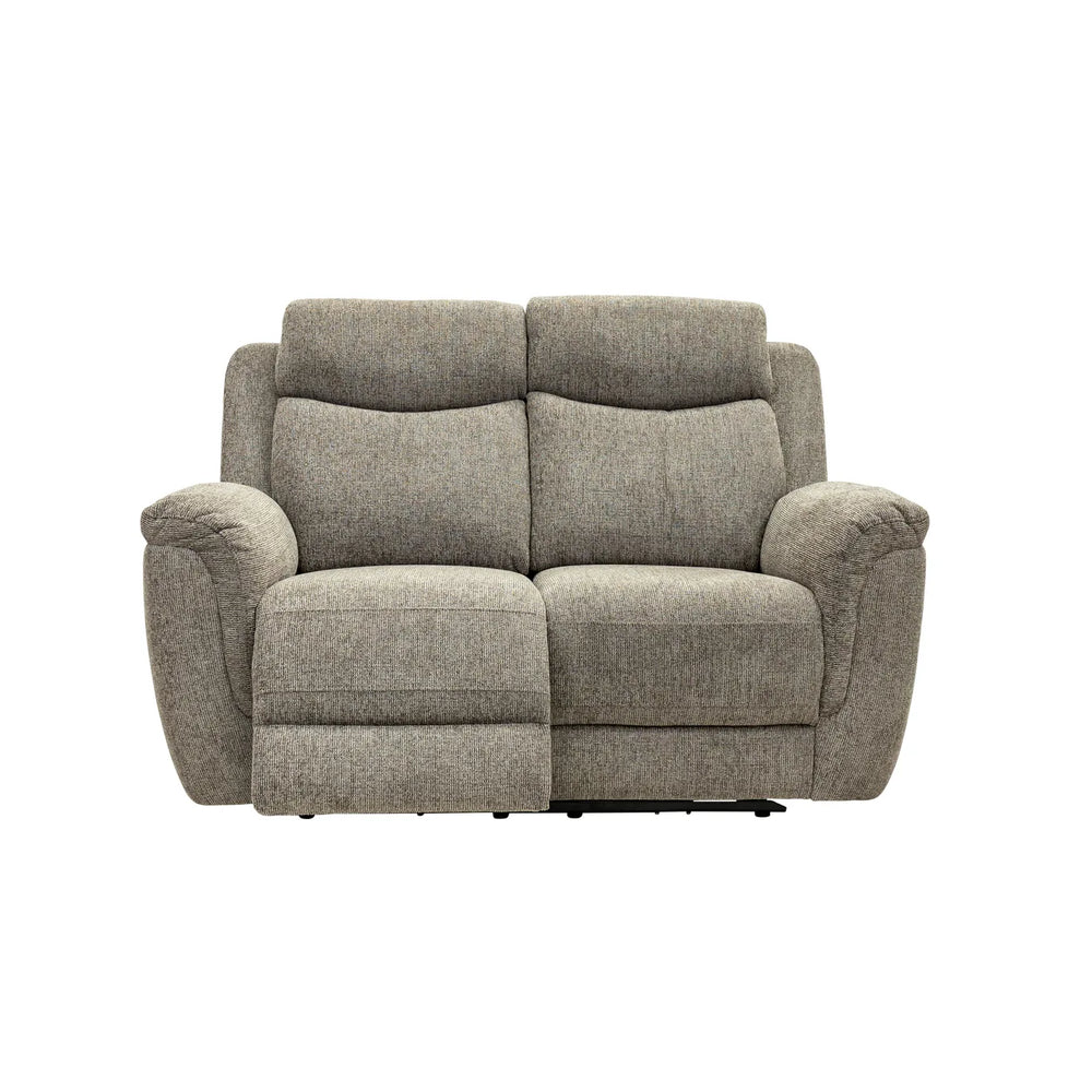 A two-seater upholstered reclining loveseat in textured light gray fabric, shown from the front against a plain white background.
