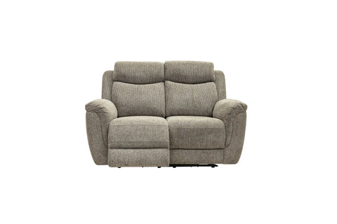 A two-seater upholstered reclining loveseat in textured light gray fabric, shown from the front against a plain white background.