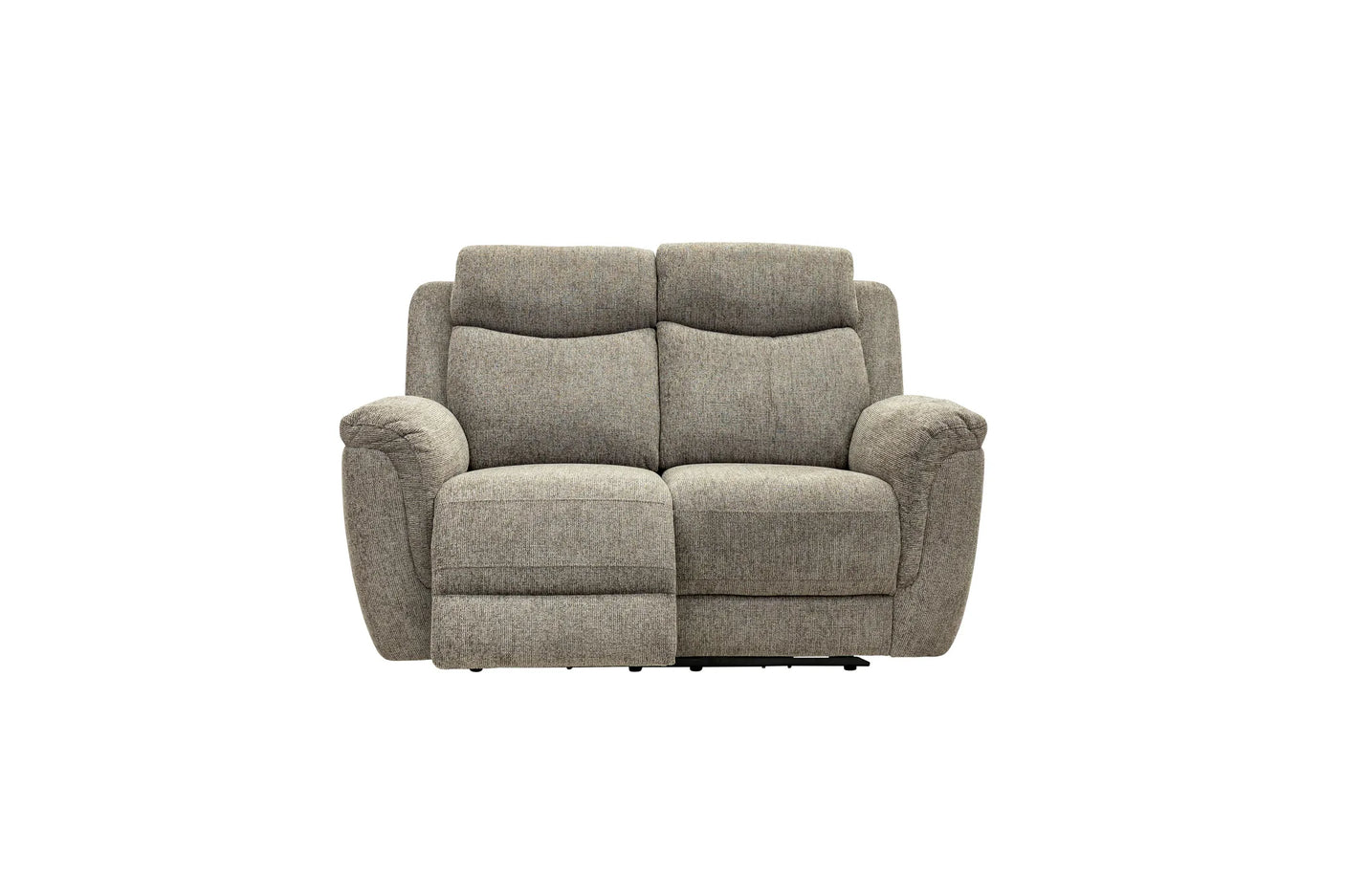 A two-seater upholstered reclining loveseat in textured light gray fabric, shown from the front against a plain white background.
