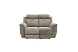 A two-seater upholstered reclining loveseat in textured light gray fabric, shown from the front against a plain white background.