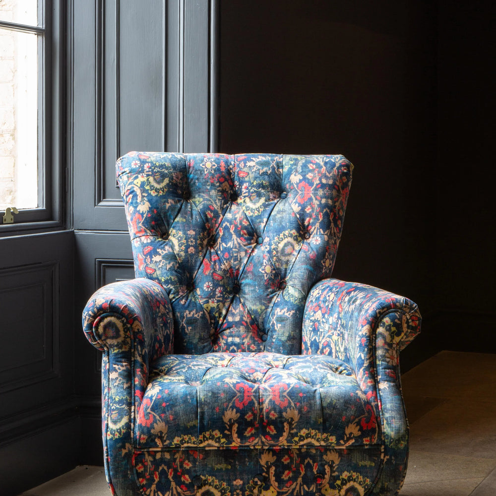 Westminster Armchair in printed Blue Velvet