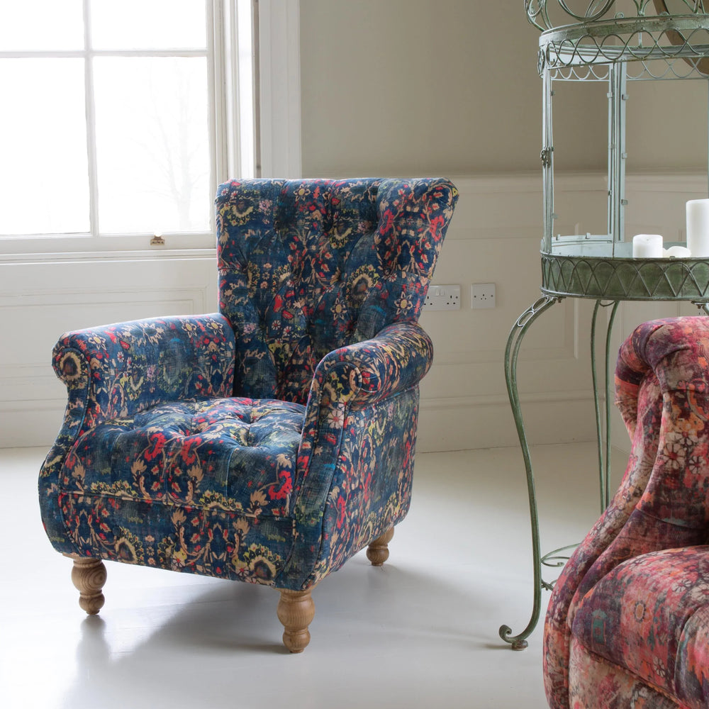 Westminster Armchair in printed Blue Velvet