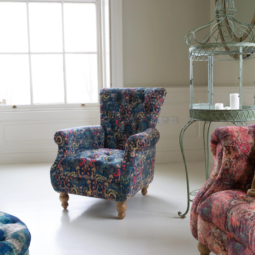 Westminster Armchair in printed Blue Velvet