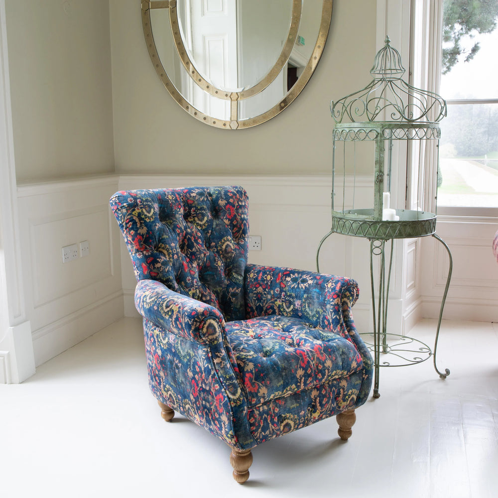 Westminster Armchair in printed Blue Velvet