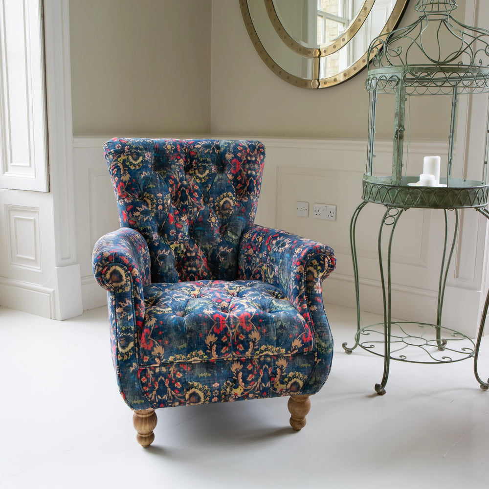 Westminster Armchair in printed Blue Velvet
