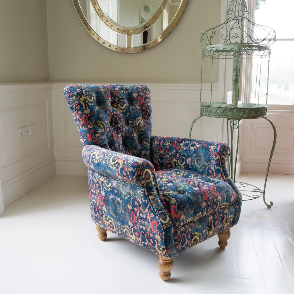 Westminster Armchair in printed Blue Velvet