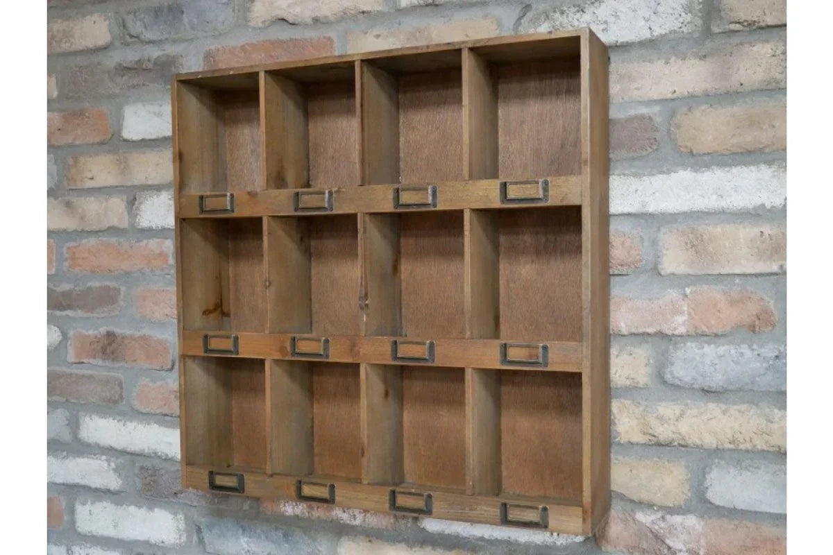 Rustic wooden wall shelf unit with twelve cubby compartments and label holders