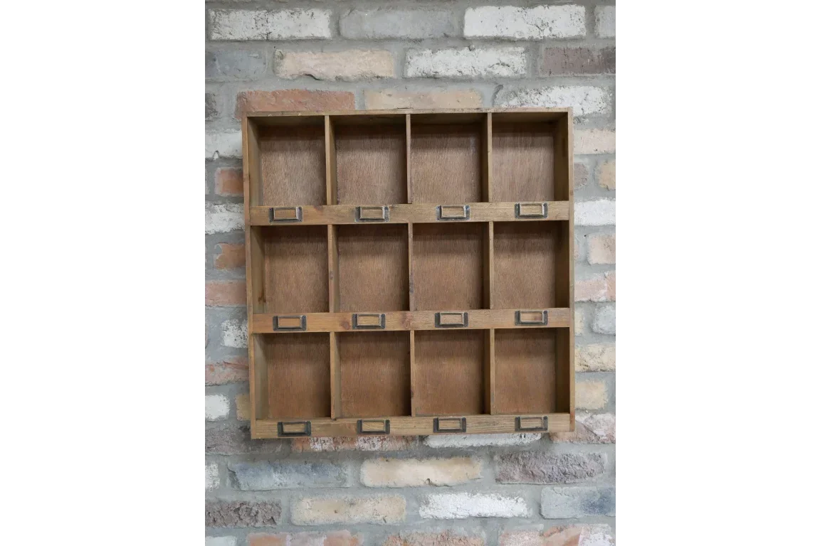 Wooden wall mounted storage rack with twelve cubby shelves and metal label holders