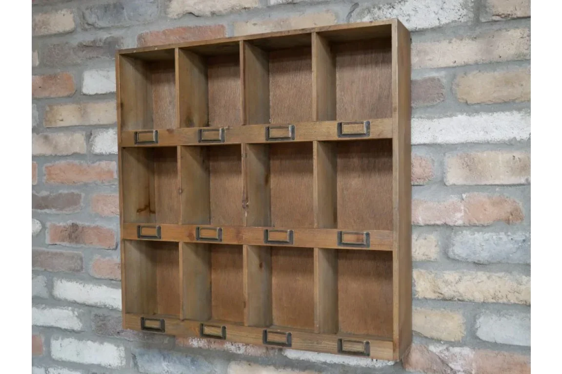 Wall-mounted wooden storage unit with 12 square cubby compartments and label holders