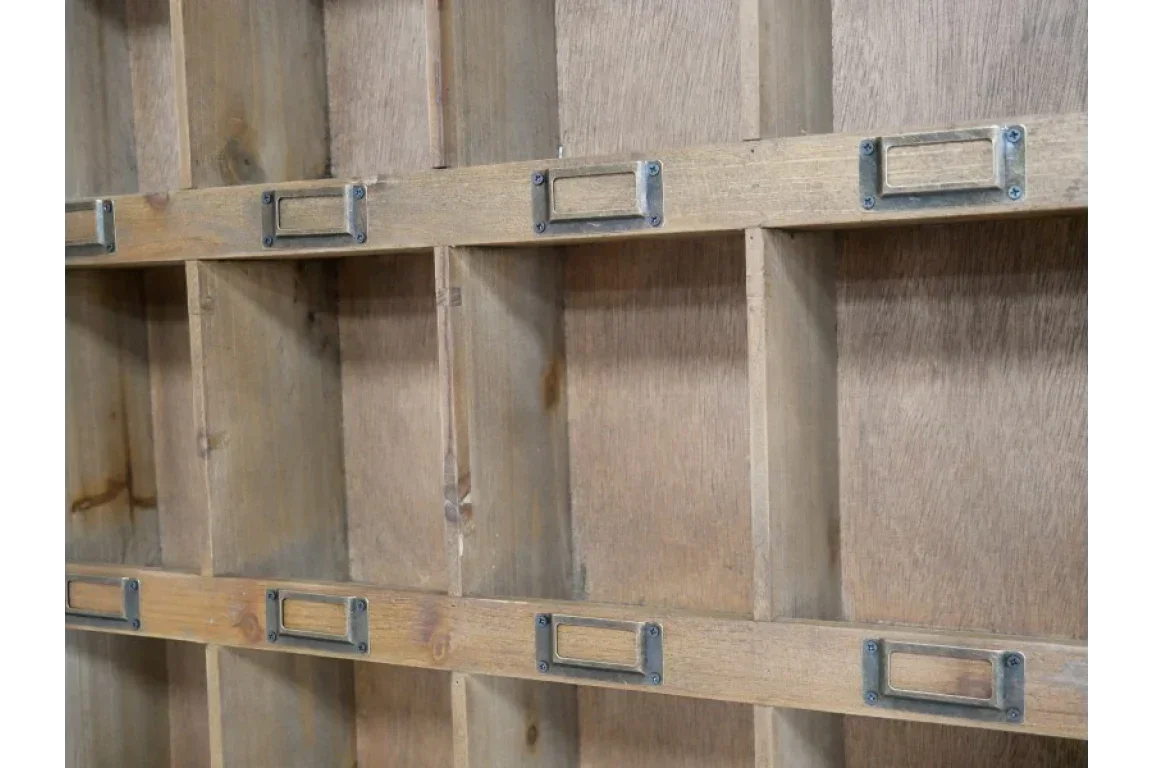Wooden shelving unit with metal label holders and multiple storage compartments