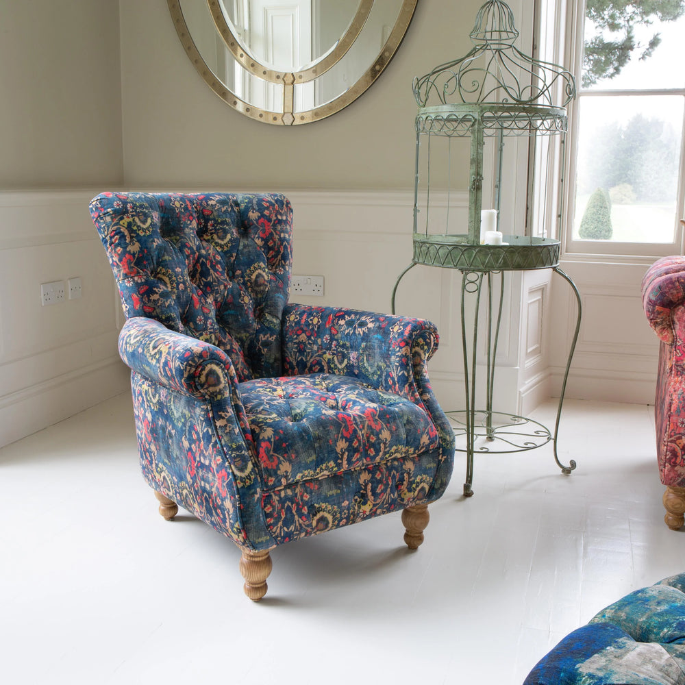 Westminster Armchair in printed Blue Velvet