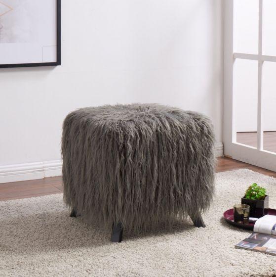 Heavy Shag Faux Sheepskin Cube Stool- Grey