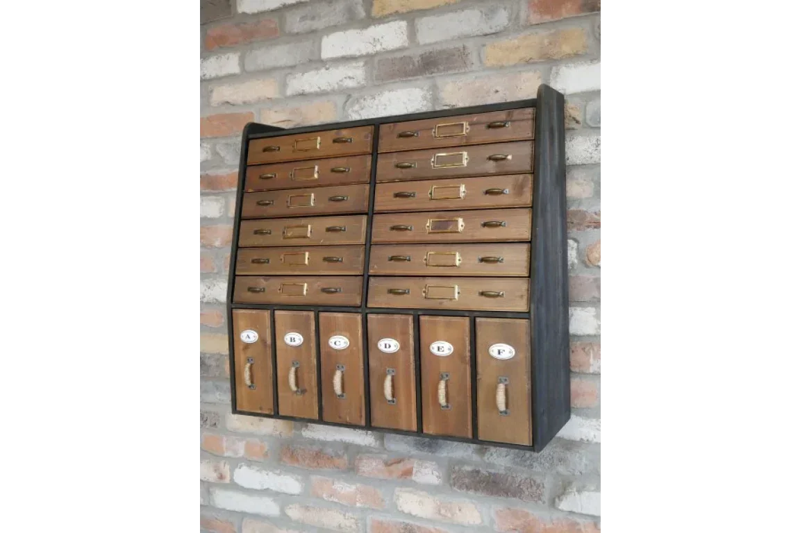 Wooden wall mounted storage drawers with labelled compartments and rope handles