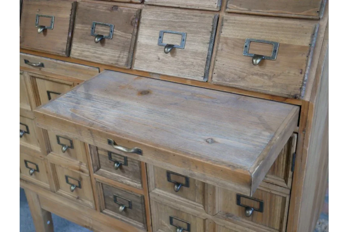 Rustic wooden storage cabinet with pull-out writing desk and metal label handles