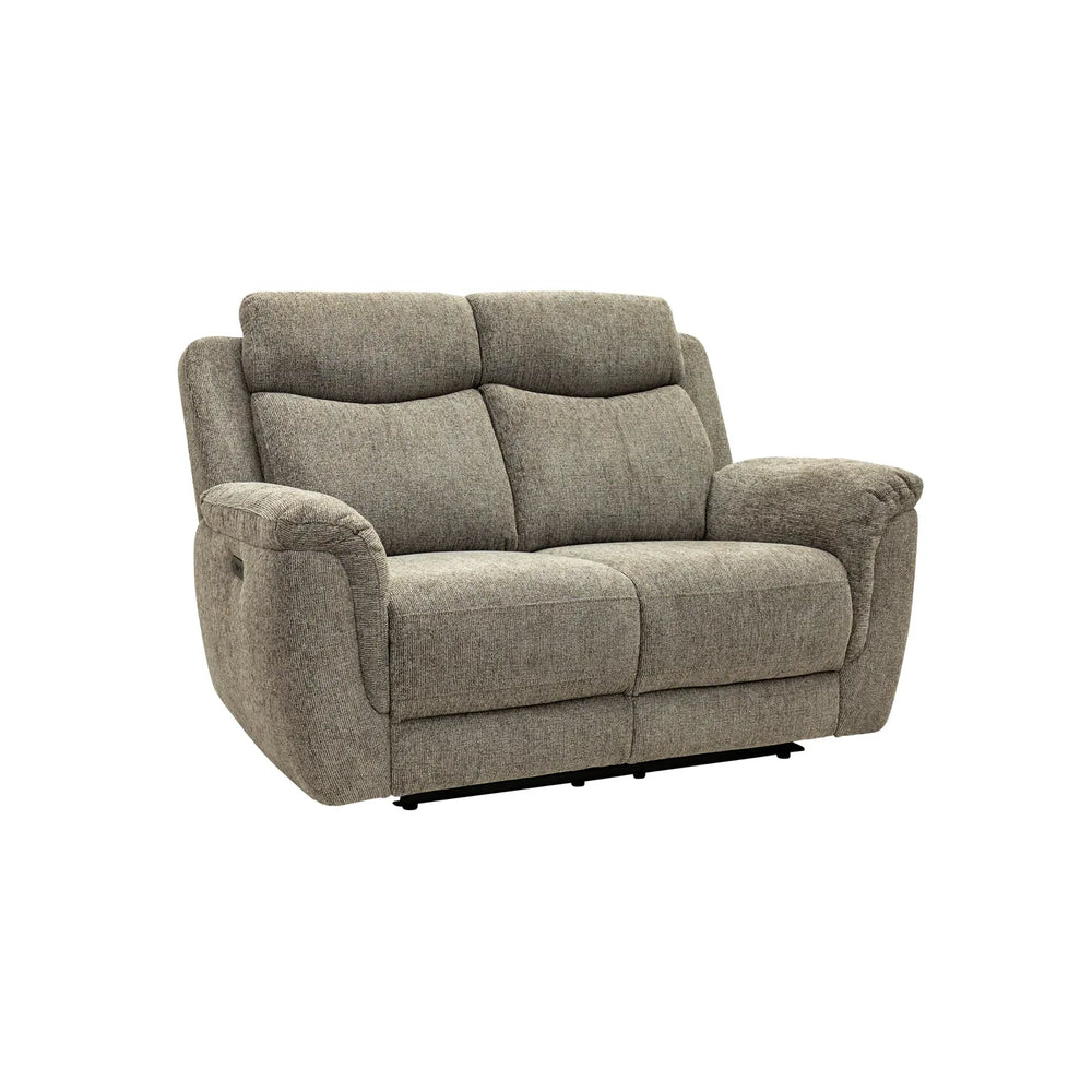 A two-seater upholstered reclining loveseat in textured taupe fabric, shown from a three-quarter angle against a plain white background.