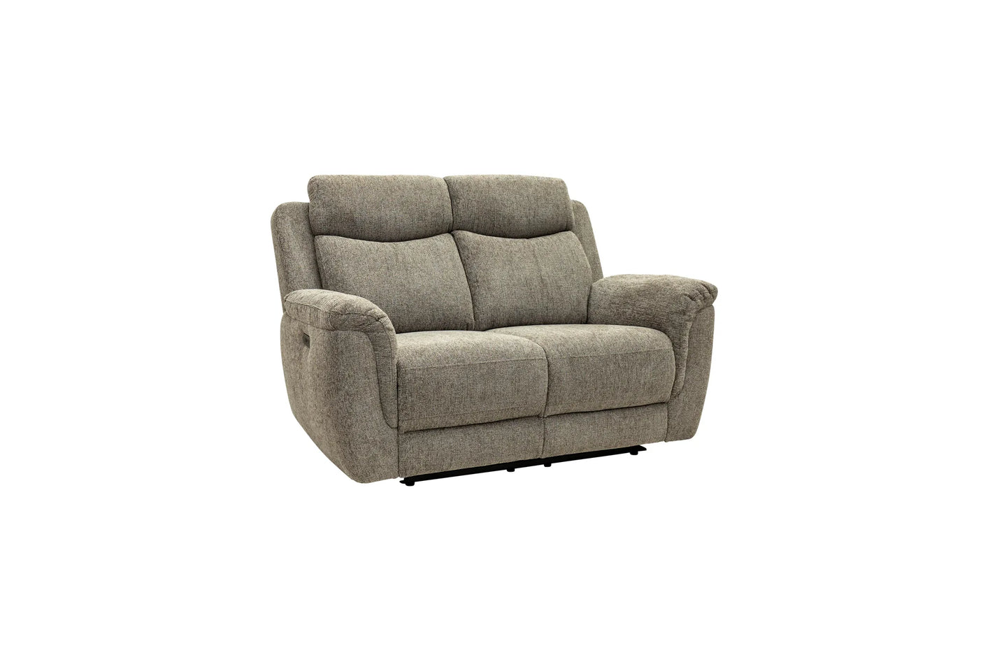 A two-seater upholstered reclining loveseat in textured taupe fabric, shown from a three-quarter angle against a plain white background.