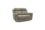 A two-seater upholstered reclining loveseat in textured taupe fabric, shown from a three-quarter angle against a plain white background.