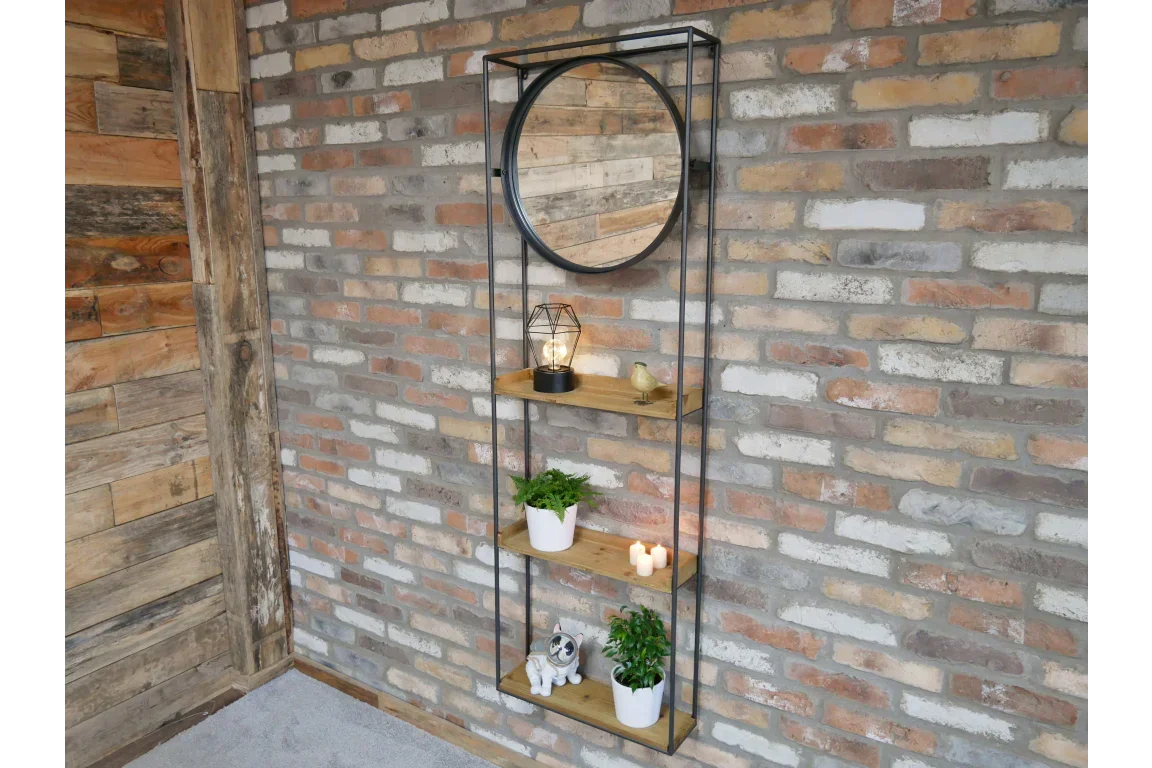 Industrial wall shelf with round mirror, wooden shelves, small plants and decor items