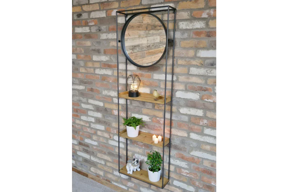 Industrial wall shelf unit with round mirror, wood shelves, and decor against brick wall