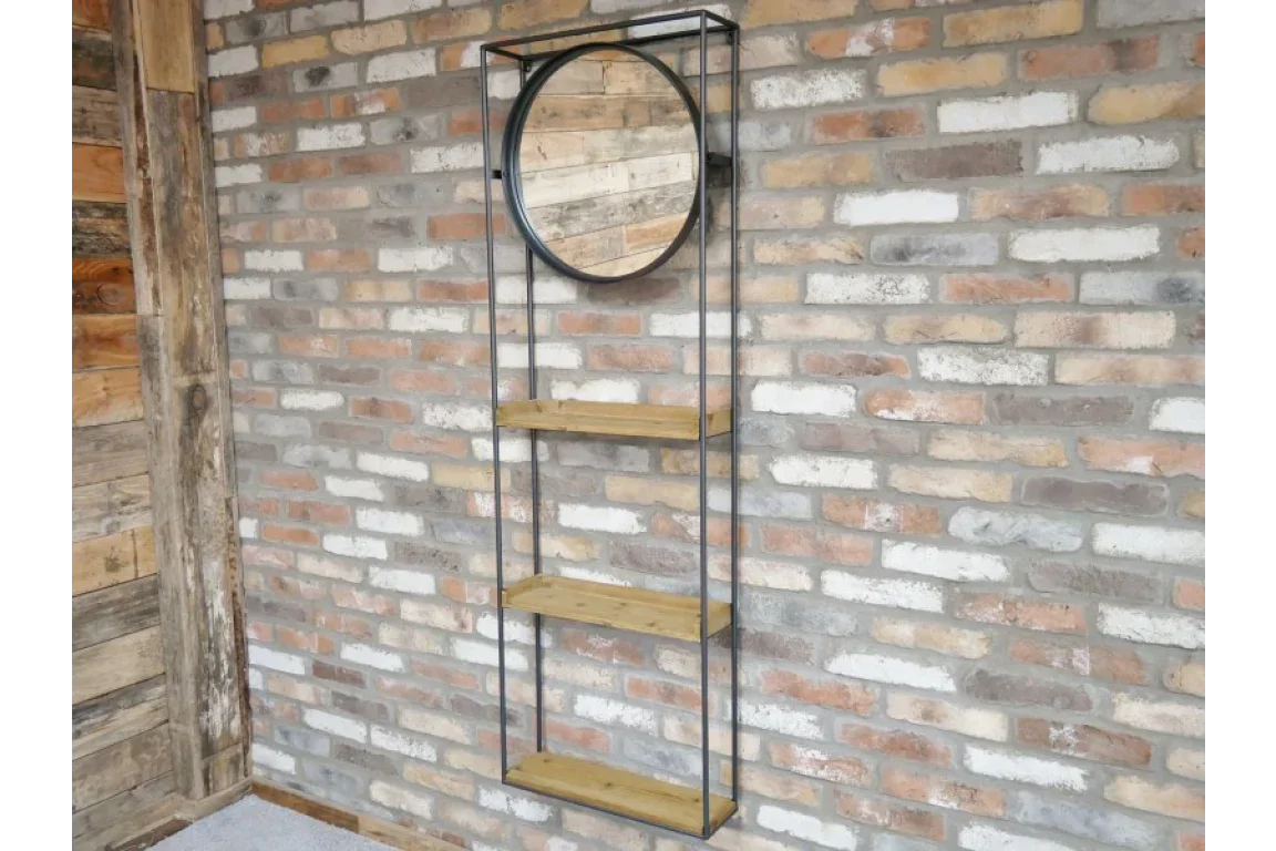 industrial wall shelf unit with round mirror and three wooden shelves on brick wall