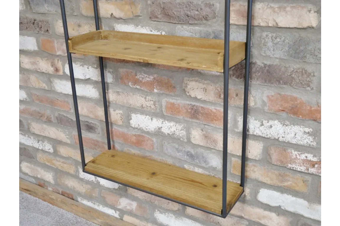 Industrial wood and metal wall shelf with two tiers mounted on exposed brick wall