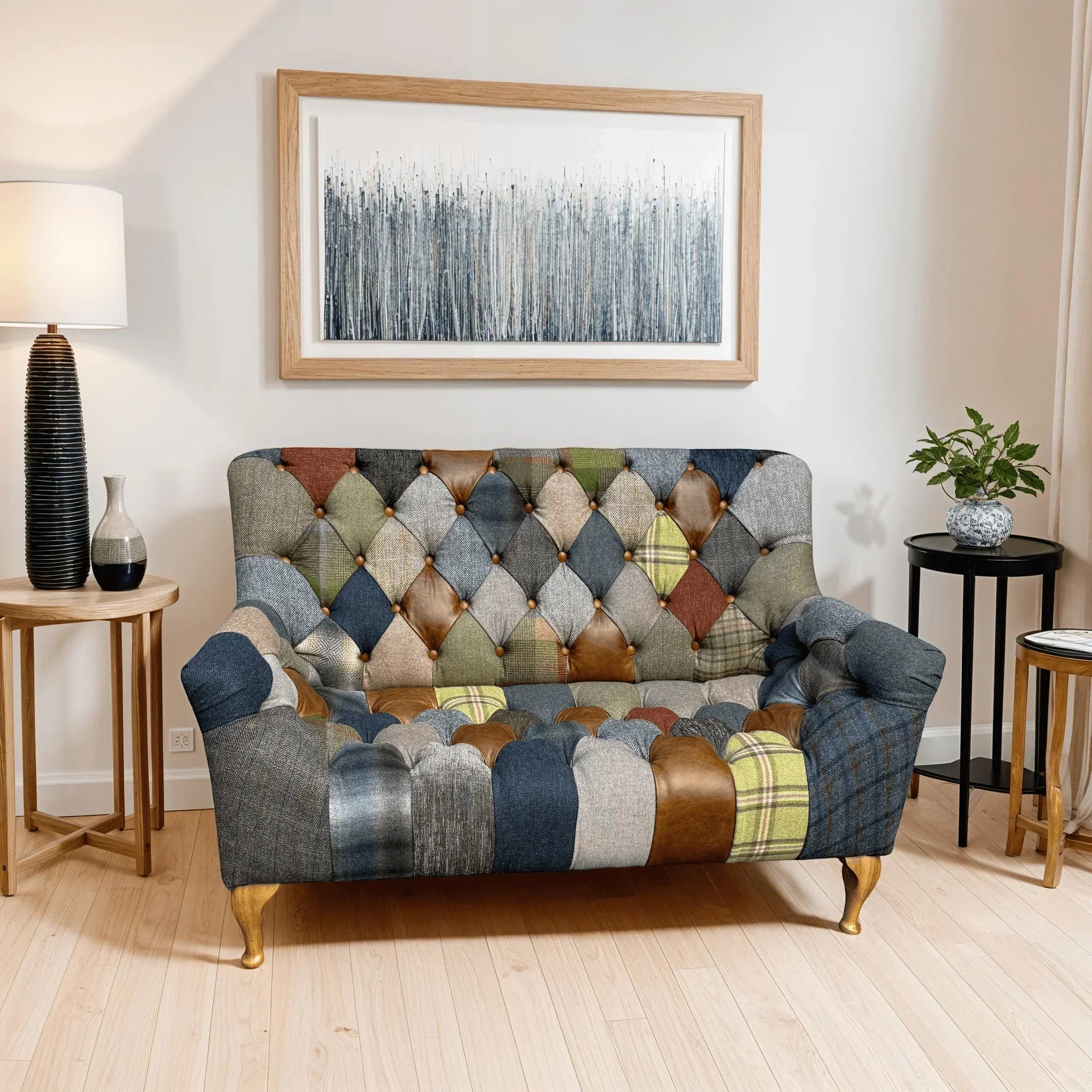 Patchwork fabric and leather sofa with button-tufted backrest in modern living room setting