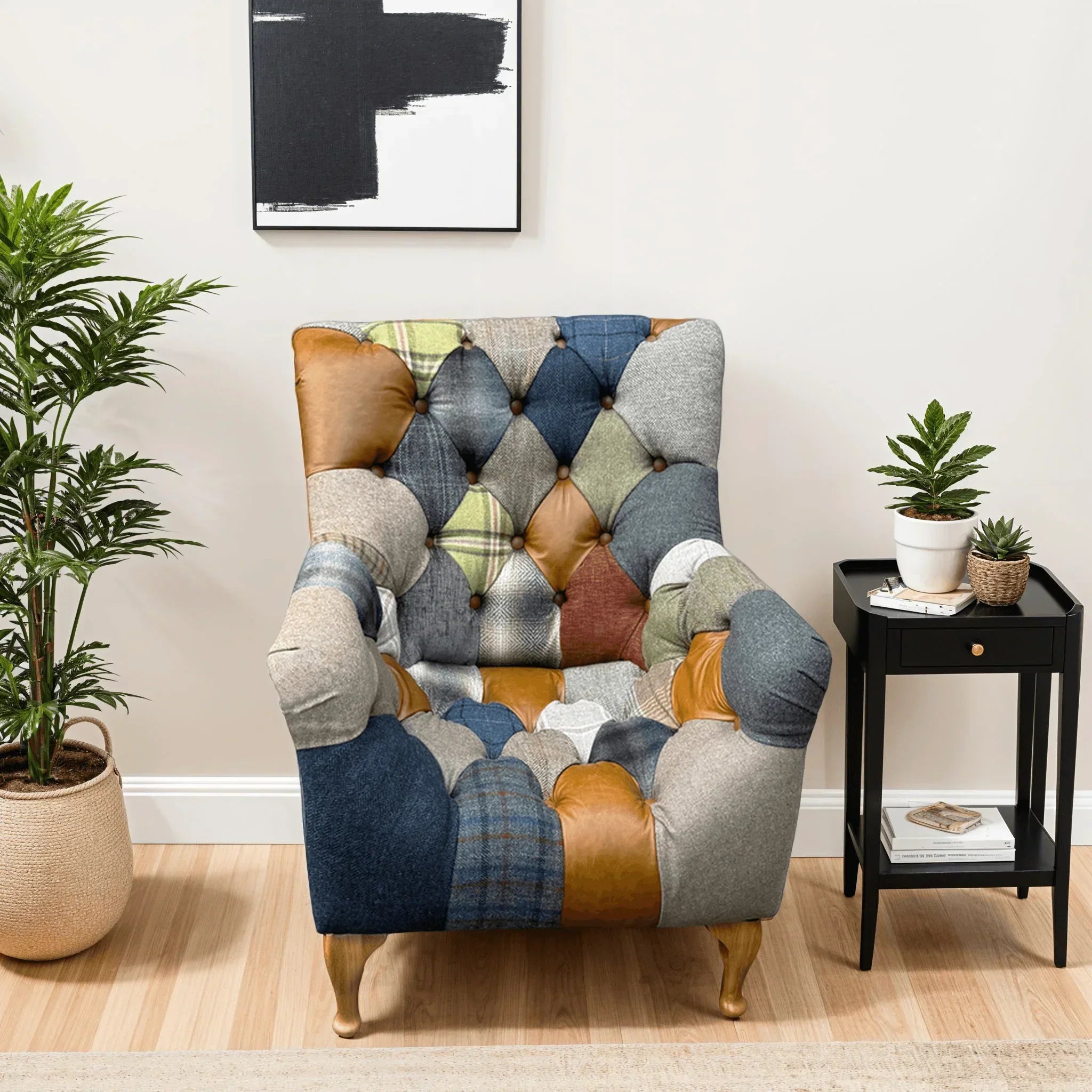 Patchwork armchair with button tufting in living room beside black side table and indoor plants