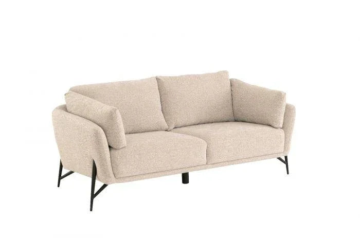 Beige fabric sofa with metal legs and plush cushions, front angle view