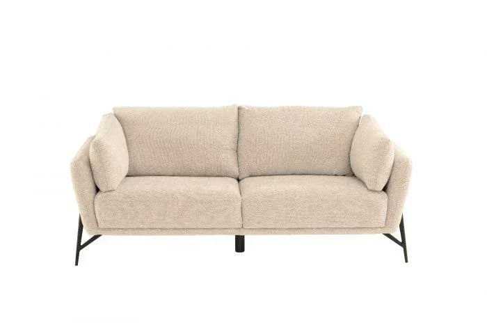 Beige fabric sofa with metal legs and plush cushions, front view