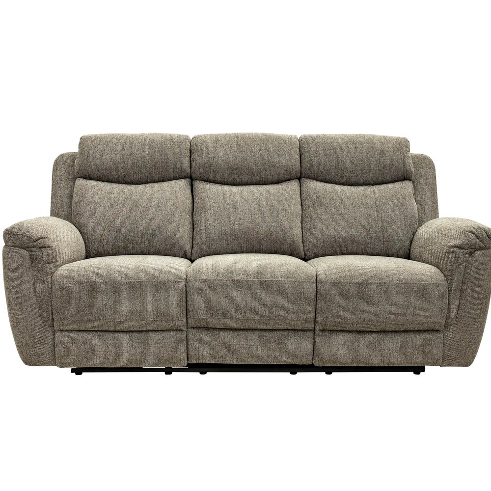A three-seat power reclining sofa in textured taupe-gray fabric, shown from a front-facing angle on a solid white background.