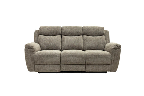 A three-seat power reclining sofa in textured taupe-gray fabric, shown from a front-facing angle on a solid white background.